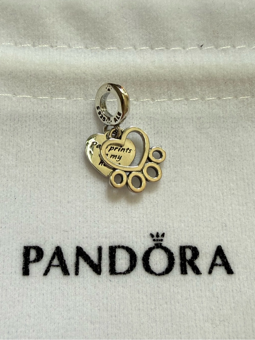 Pandora Sterling Silver Hearts and Paw Print Dangle Charm Bead Animal Love